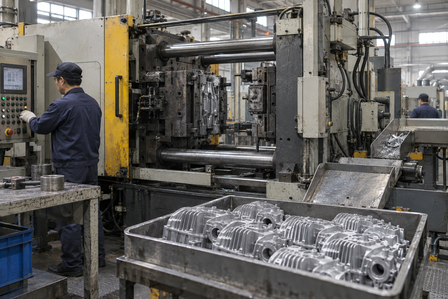 Aluminium die casting machine with ribbed cast housings in the foreground