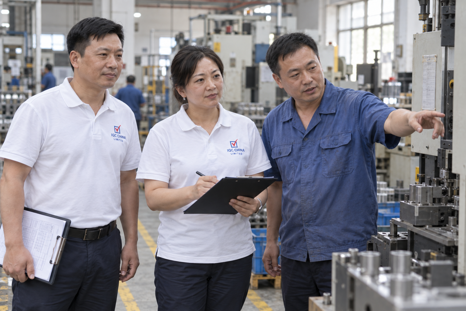 Inspectors discussing production on a factory visit