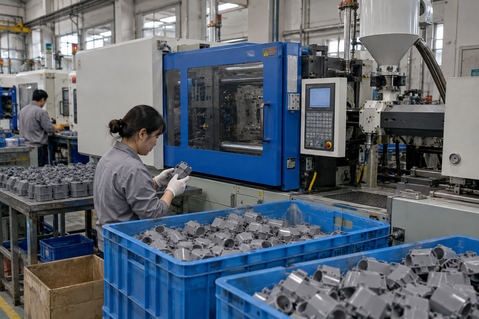 Plastic injection moulding machine and batches of moulded components