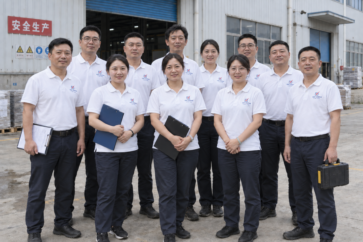 Group wearing IQC China polos outside a factory