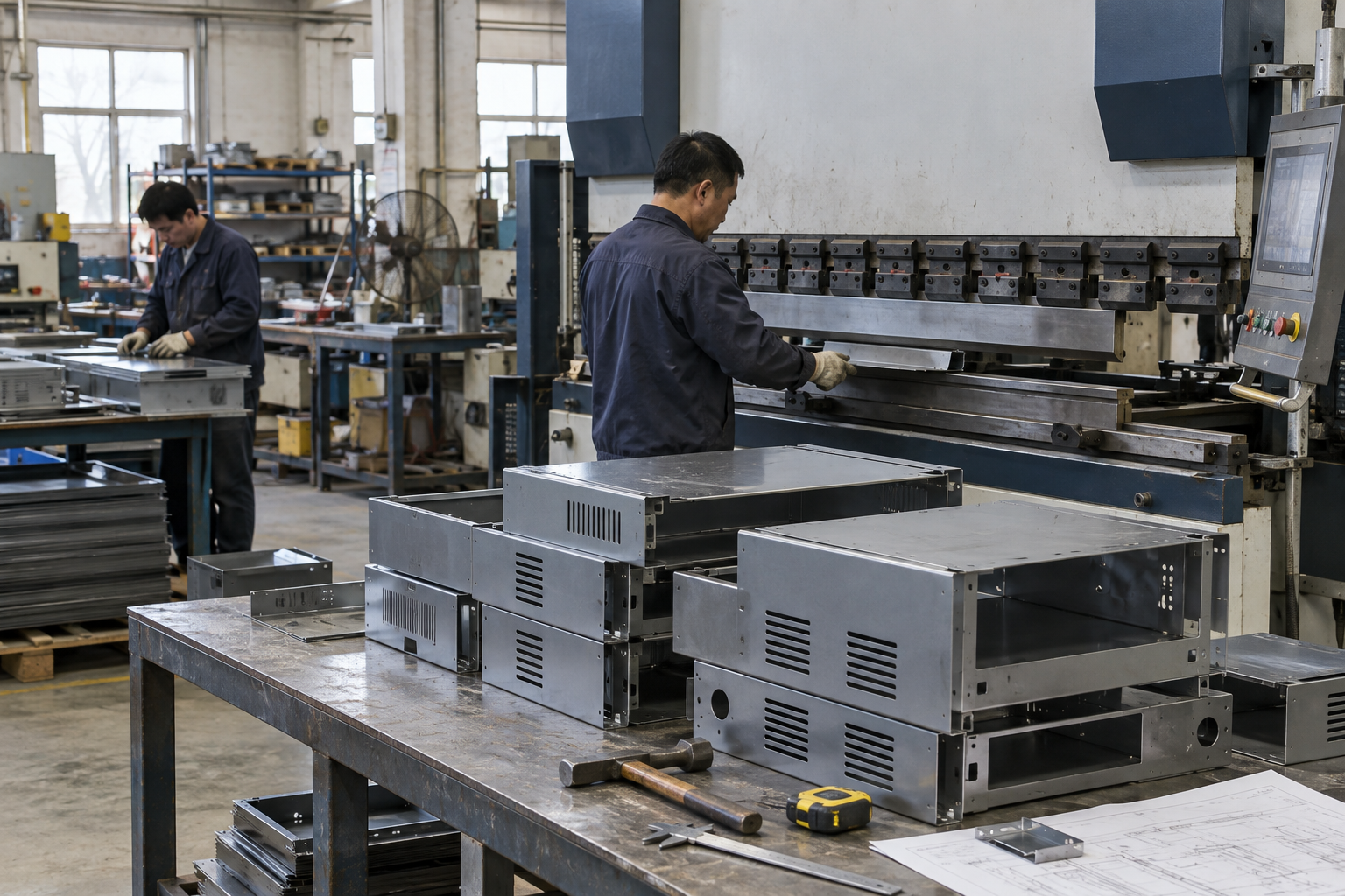 Sheet-metal workshop with a press brake and folded metal enclosures
