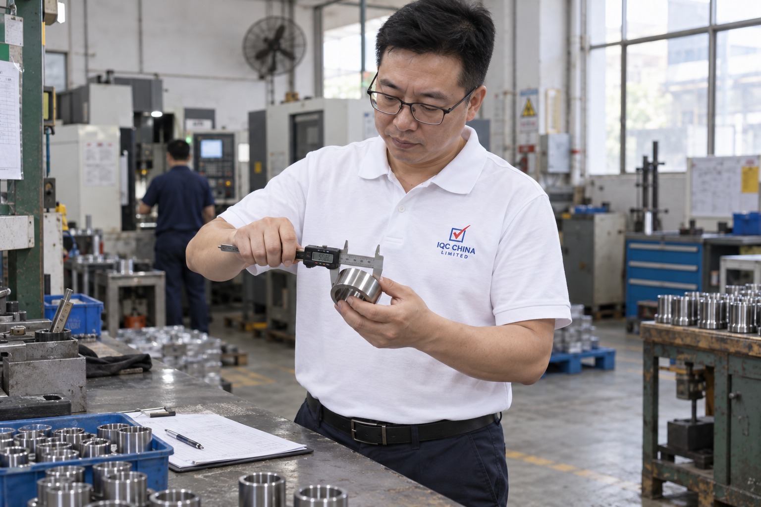 Inspector measuring a machined component at a workbench