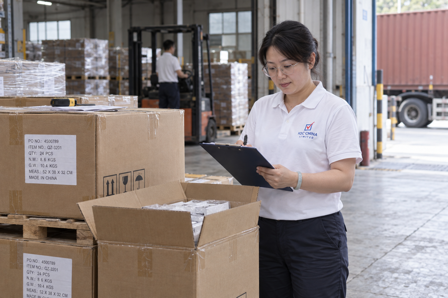 Inspector checking cartons and packing documents before shipment